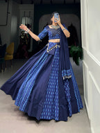 Lorenvalley Blue Pure Cotton Chaniya Choli Adorned With Cowrie Shells And Paired With A Matching Purse