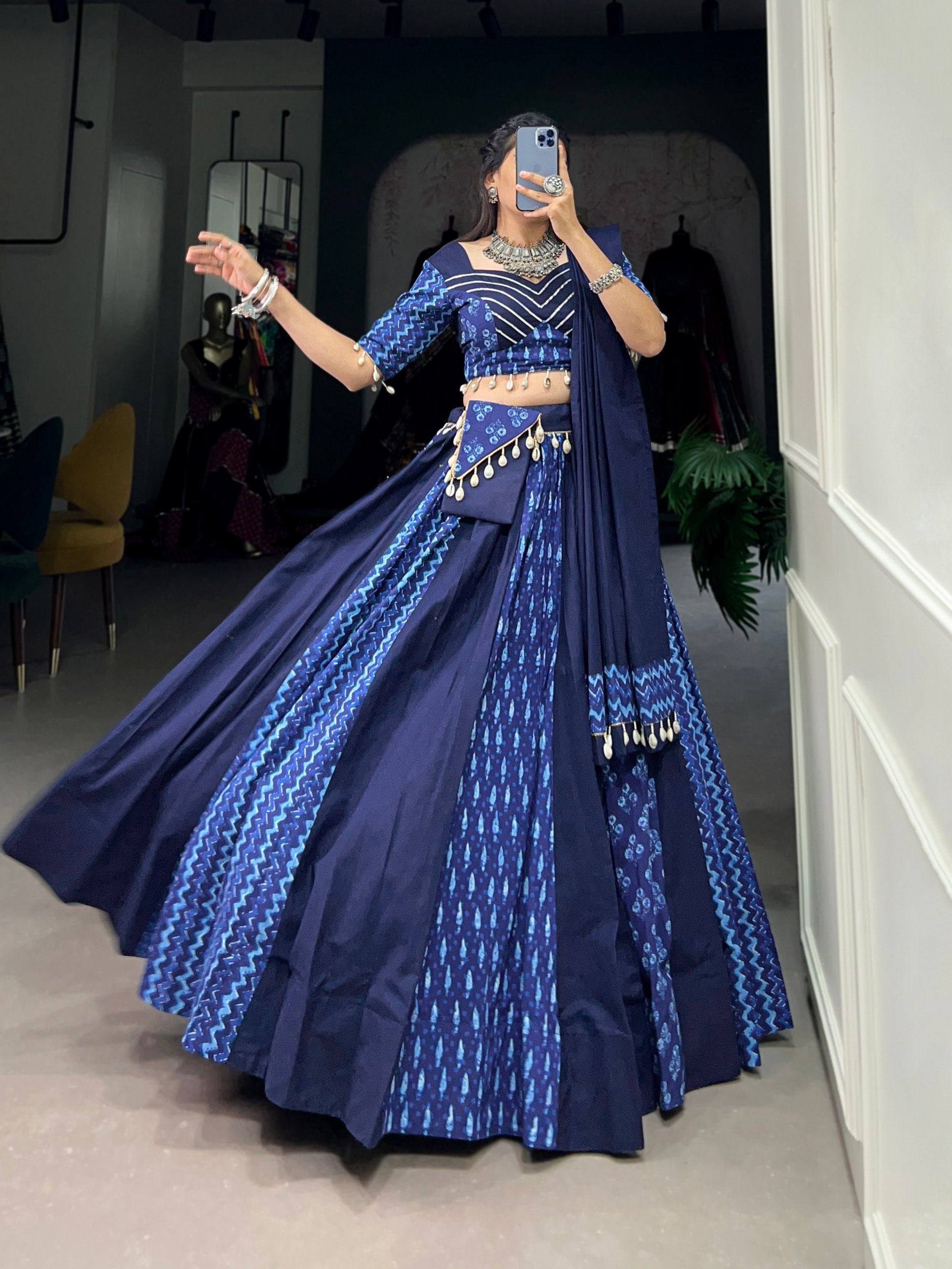 Lorenvalley Blue Pure Cotton Chaniya Choli Adorned With Cowrie Shells And Paired With A Matching Purse