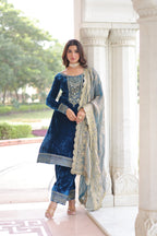 Lorenvalley Fashion Blue Velvet with Rich Sequins & Zari Embroidered work Kurta Pant with Dupatta - Distacart