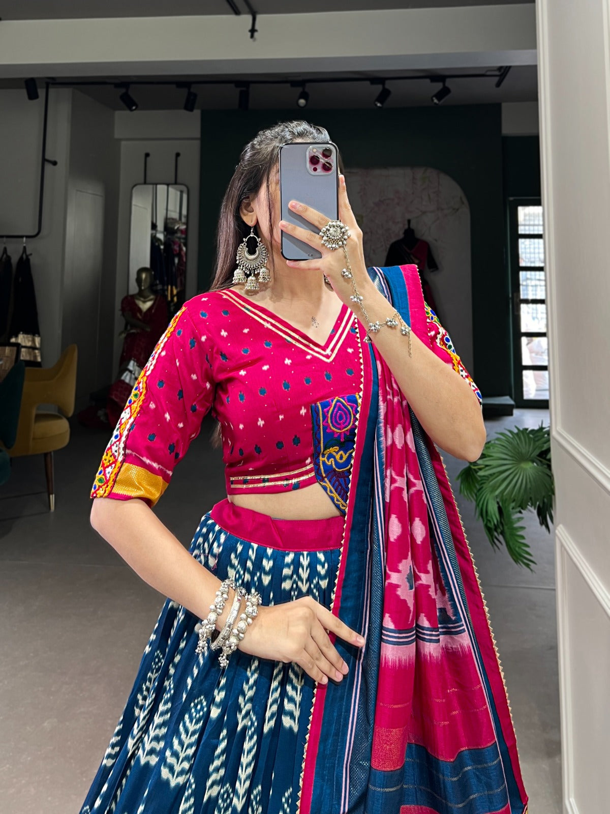 Lorenvalley Black Dola Silk with Printed With Foil Work And Original Mirror Gamthi Lace Touch Up Lehenga Choli