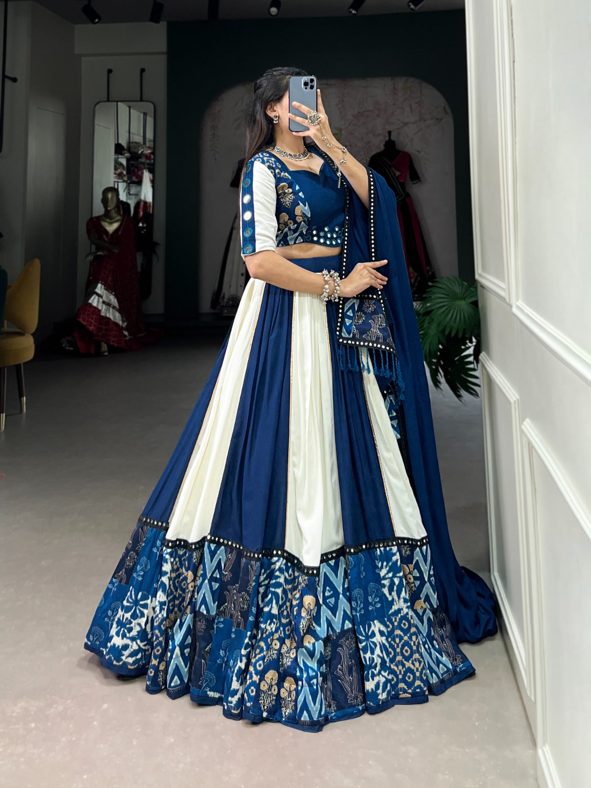 Lorenvalley Blue Pure Rayon with Plain And Printed With Paper Mirror Work Lace And Gota Patti Touch Up Lehenga Choli