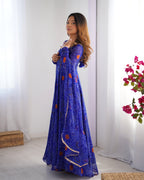 Lorenvalley Women Soft Lightweight Chiffon Bandhej Print Fabric Anarkali Kurta Pant With Dupatta Set