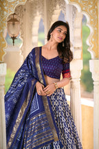 Lorenvalley Blue Tussar Silk Ikkat Print With Foil Work Lehenga Choli with Dupatta