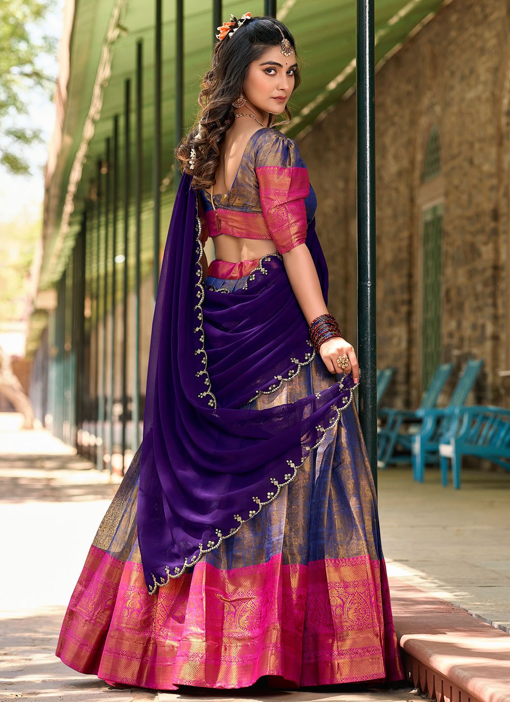 Lorenvalley Blue Kanjivaram Silk Zari Weaving Lehenga Choli with Dupatta
