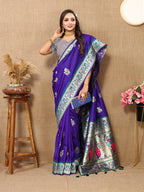 Lorenvalley Fashion Blue Soft Paithani Silk Woven Design Rich Meenakari Zari Weaving Pallu Saree