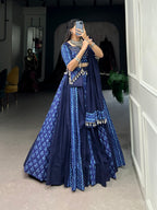 Lorenvalley Blue Pure Cotton Chaniya Choli Adorned With Cowrie Shells And Paired With A Matching Purse