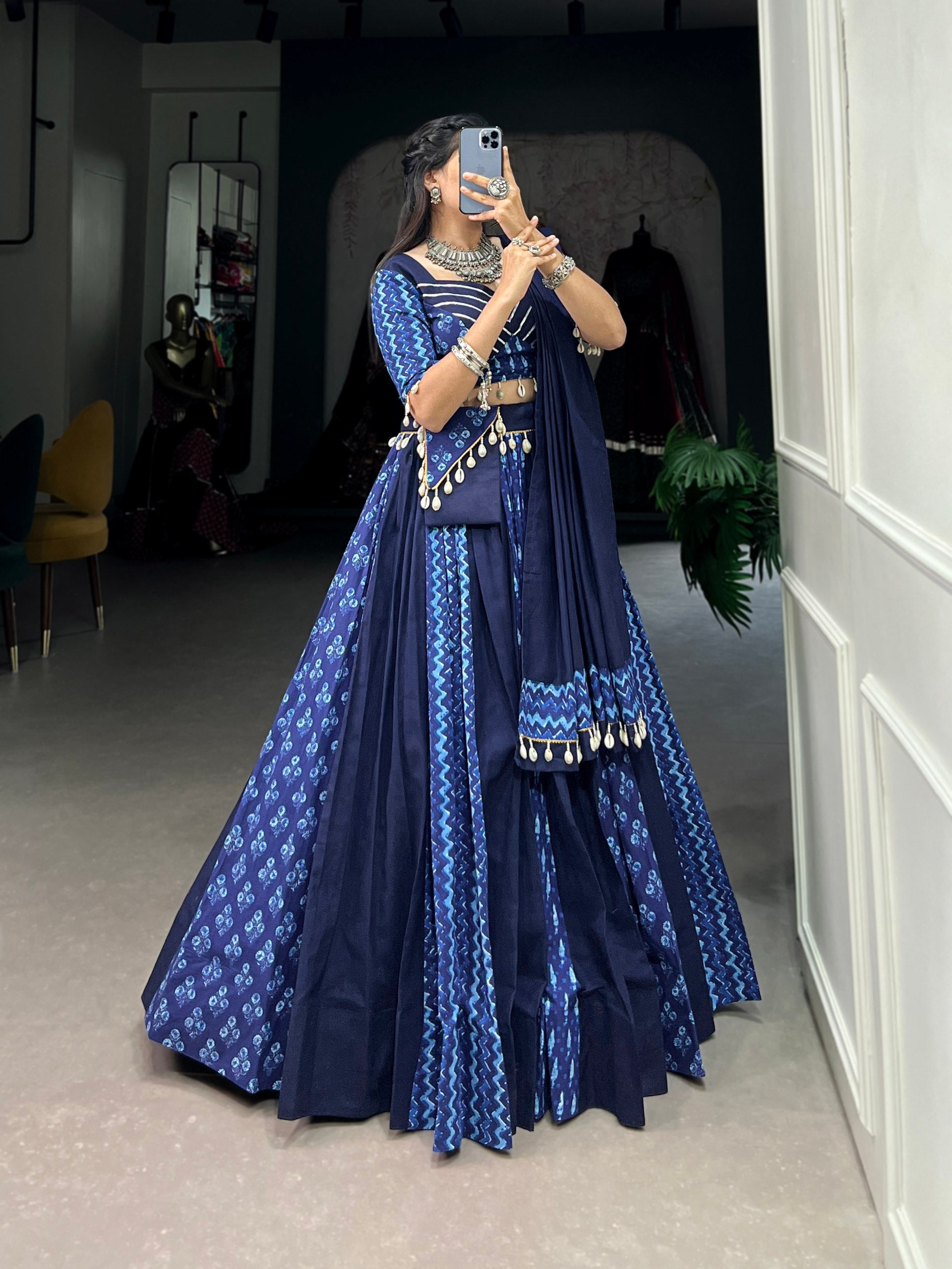 Lorenvalley Blue Pure Cotton Chaniya Choli Adorned With Cowrie Shells And Paired With A Matching Purse