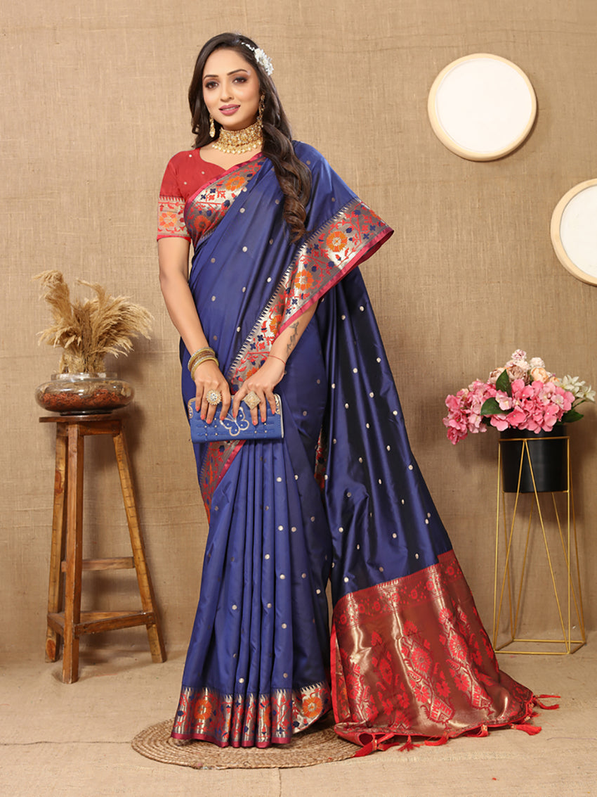 Lorenvalley Fashion Blue Soft Paithani Silk Woven Design Rich Meenakari Zari Weaving Pallu Saree