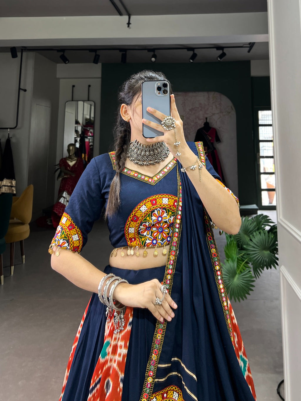 Lorenvalley Blue Rayon and Printed Silk with Plain And Printed With Original Mirror Gamthi Work And Gamthi Patch Work Lehenga Choli