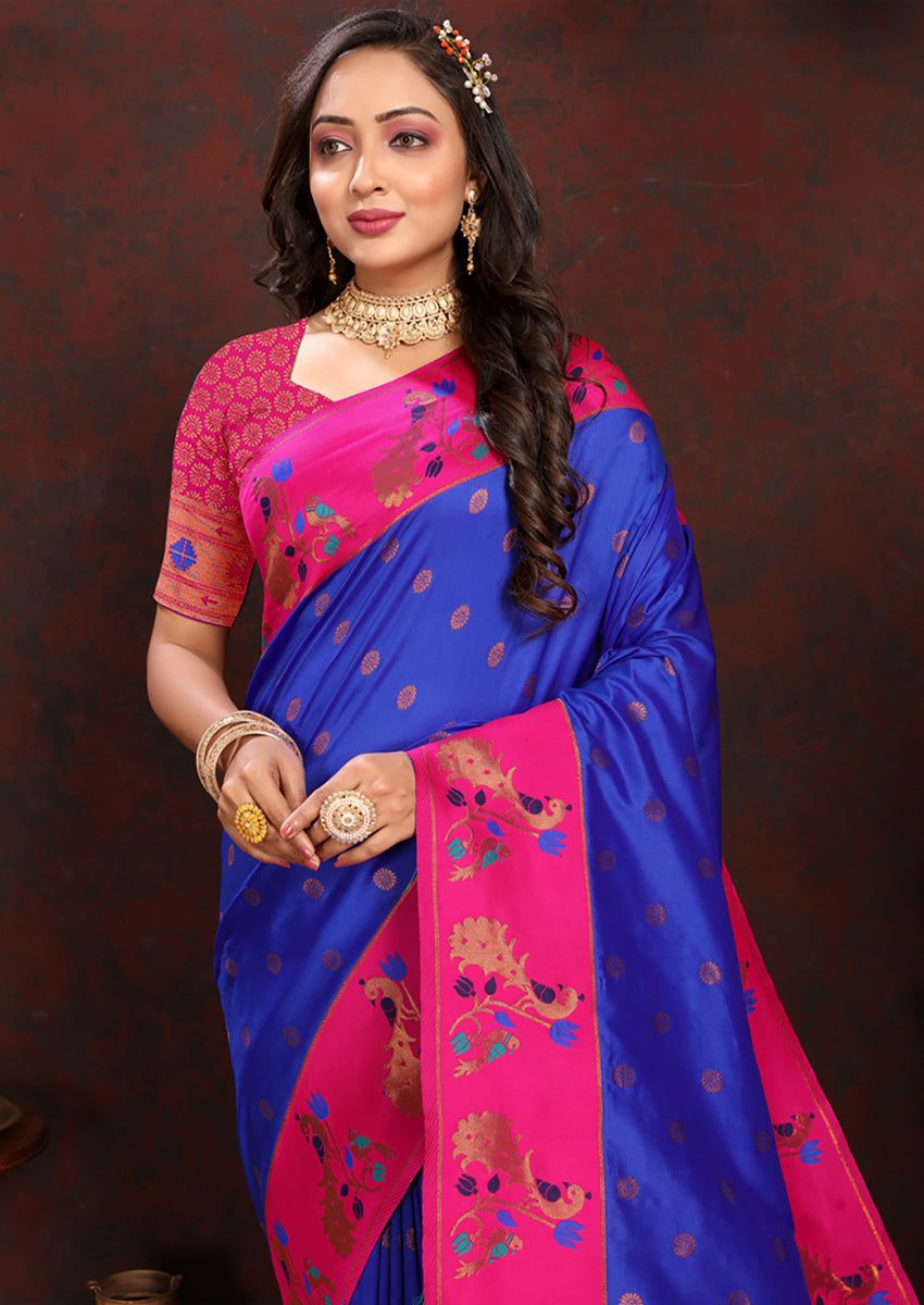 Lorenvalley Fashion Blue Soft Paithani Silk Woven Design Rich Zari Meenakari Weaving Saree
