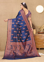 Lorenvalley Fashion Blue Soft Katan Silk Woven Design Copper Zari Weaving Saree