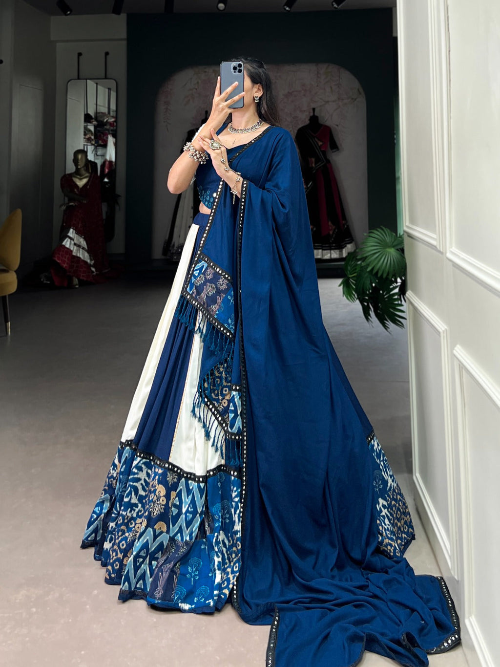 Lorenvalley Blue Pure Rayon with Plain And Printed With Paper Mirror Work Lace And Gota Patti Touch Up Lehenga Choli