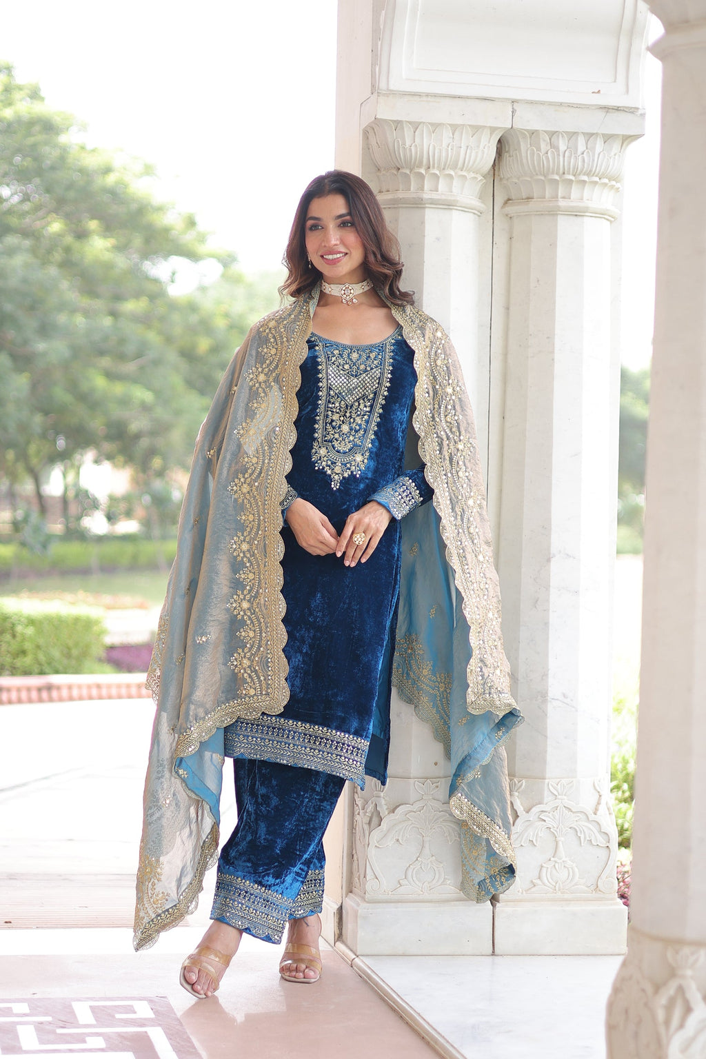 Lorenvalley Fashion Blue Velvet with Rich Sequins & Zari Embroidered work Kurta Pant with Dupatta - Distacart