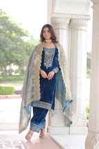 Lorenvalley Fashion Blue Velvet with Rich Sequins & Zari Embroidered work Kurta Pant with Dupatta - Distacart