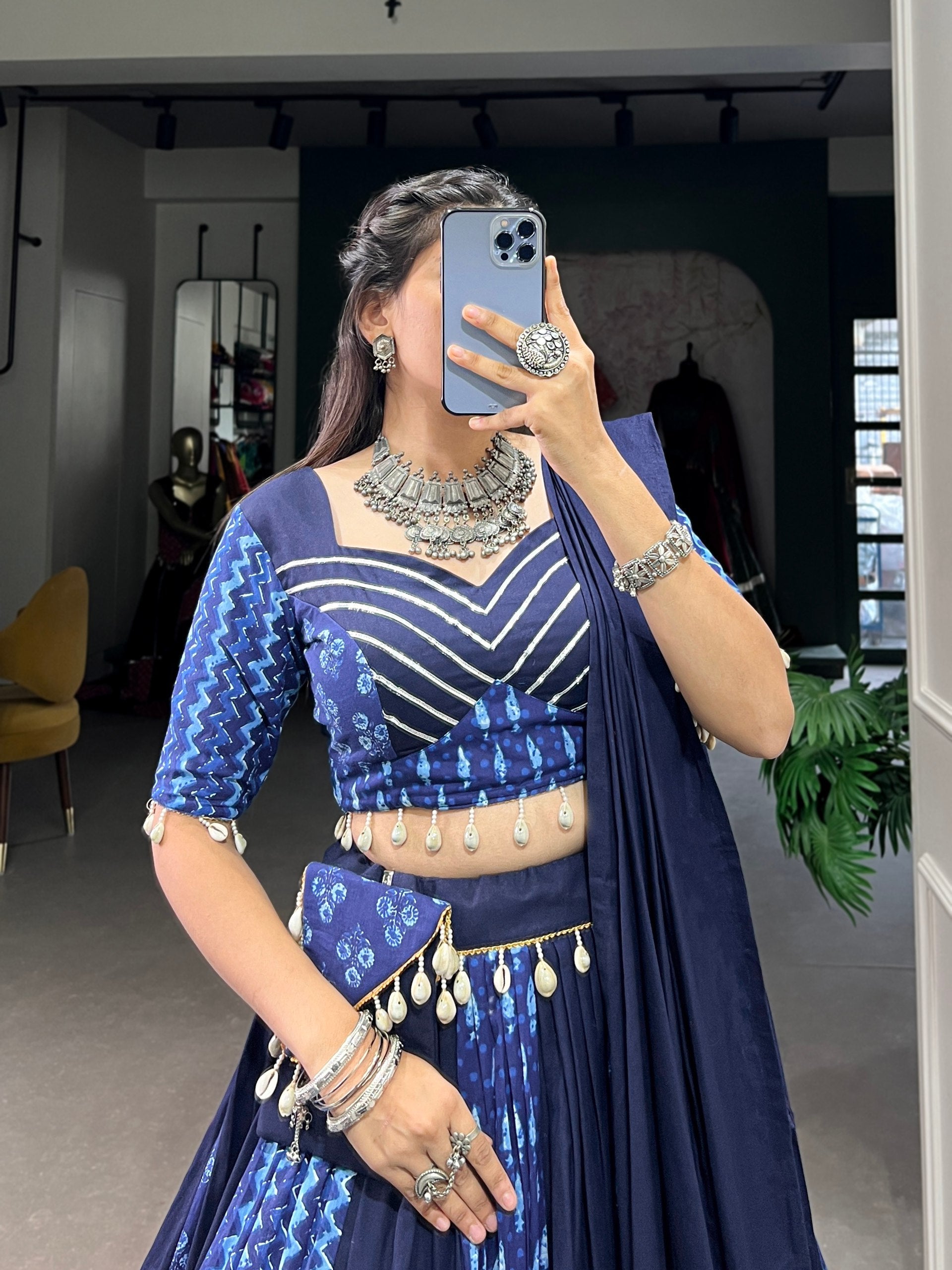 Lorenvalley Blue Pure Cotton Chaniya Choli Adorned With Cowrie Shells And Paired With A Matching Purse