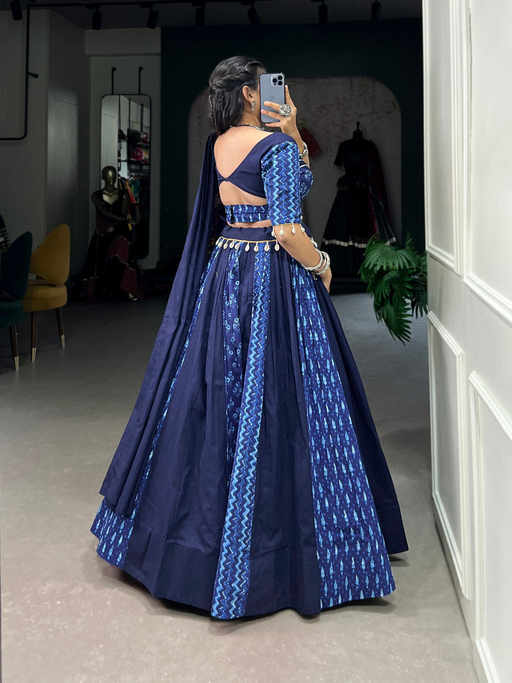Lorenvalley Blue Pure Cotton Chaniya Choli Adorned With Cowrie Shells And Paired With A Matching Purse