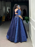 Lorenvalley Blue Pure Cotton Chaniya Choli Adorned With Cowrie Shells And Paired With A Matching Purse