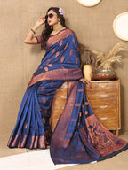 Lorenvalley Fashion Blue Soft Katan Silk Woven Design Copper Zari Weaving Saree