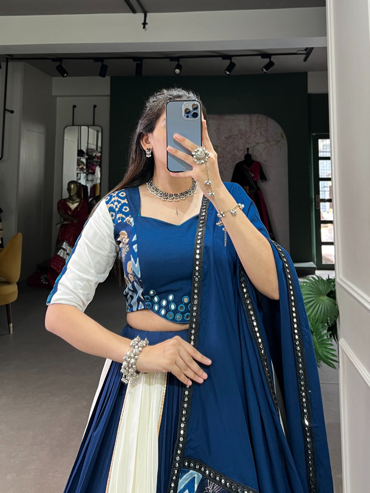 Lorenvalley Blue Pure Rayon with Plain And Printed With Paper Mirror Work Lace And Gota Patti Touch Up Lehenga Choli