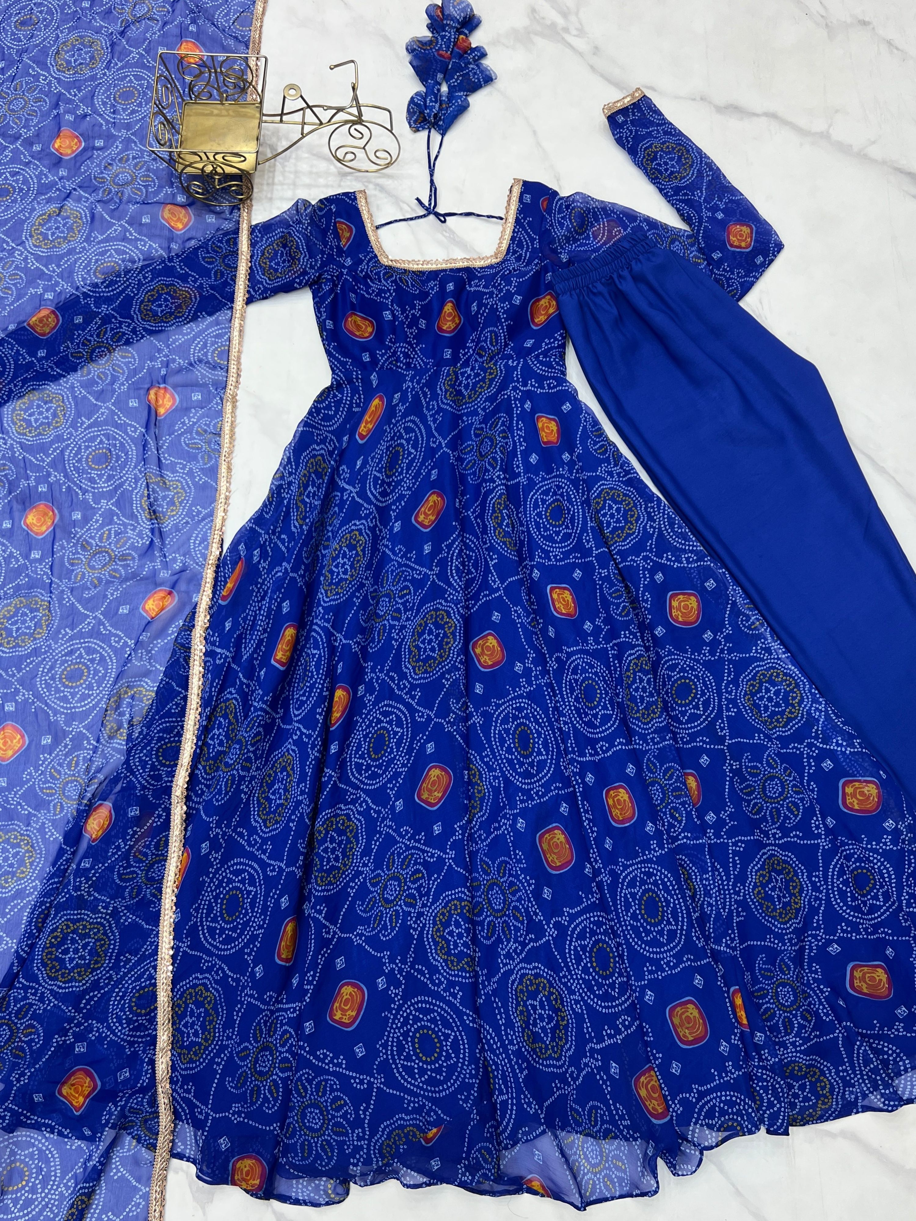 Lorenvalley Women Soft Lightweight Chiffon Bandhej Print Fabric Anarkali Kurta Pant With Dupatta Set