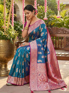 Anaita Blue Silk Blend Woven Saree With Blouse - Distacart