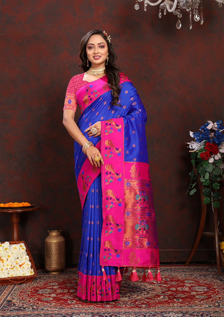 Lorenvalley Fashion Blue Soft Paithani Silk Woven Design Rich Zari Meenakari Weaving Saree