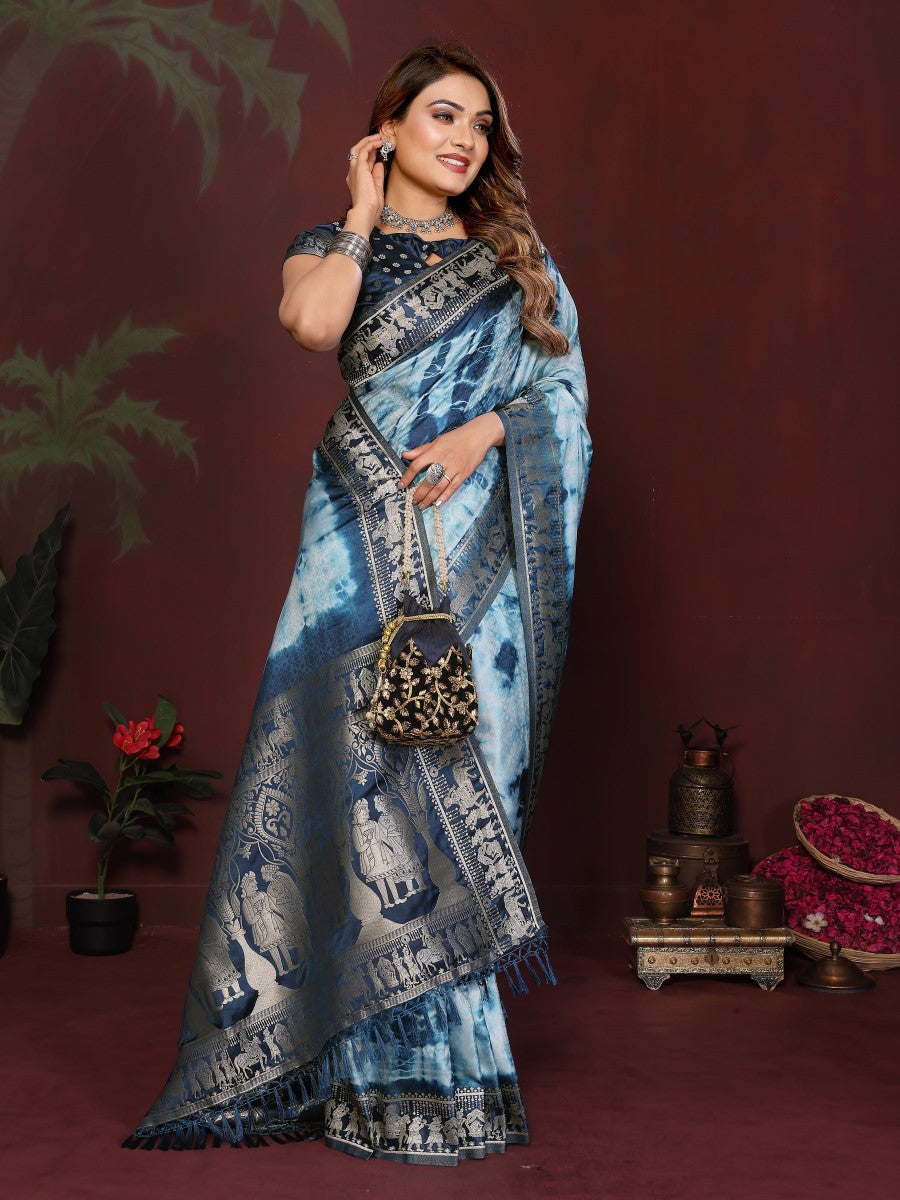 Anaita Blue Zari Weaving Work Satin Silk Saree With Blouse - Distacart