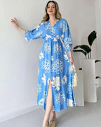 Pimu Front Slit Midi Dresses V-neck Designs For Women Party Wear - Blue