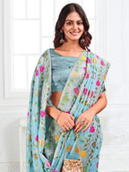 Anaita Blue Linen Printed Saree With Blouse - Distacart