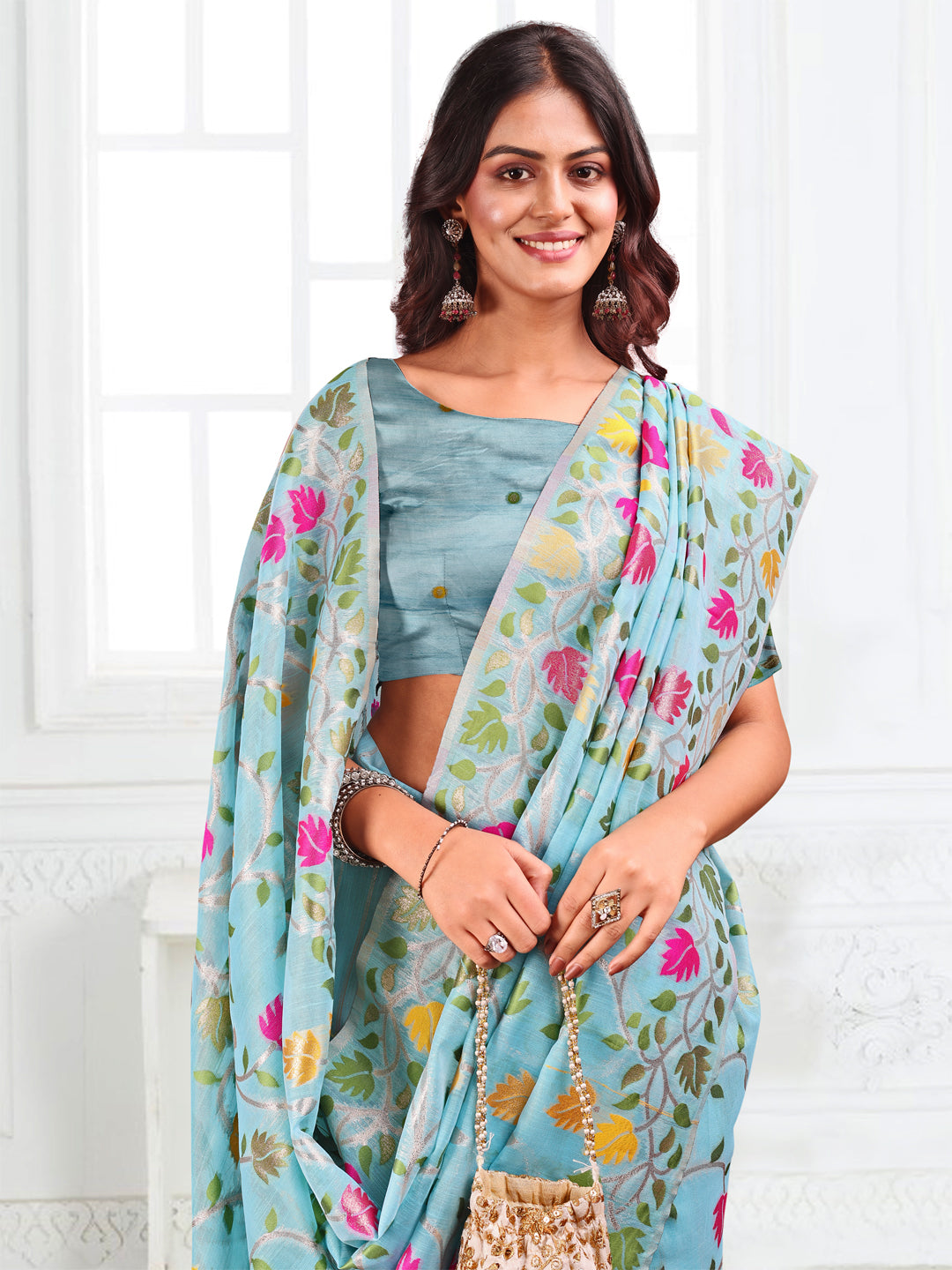 Anaita Blue Linen Printed Saree With Blouse - Distacart