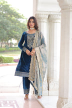 Lorenvalley Fashion Blue Velvet with Rich Sequins & Zari Embroidered work Kurta Pant with Dupatta - Distacart
