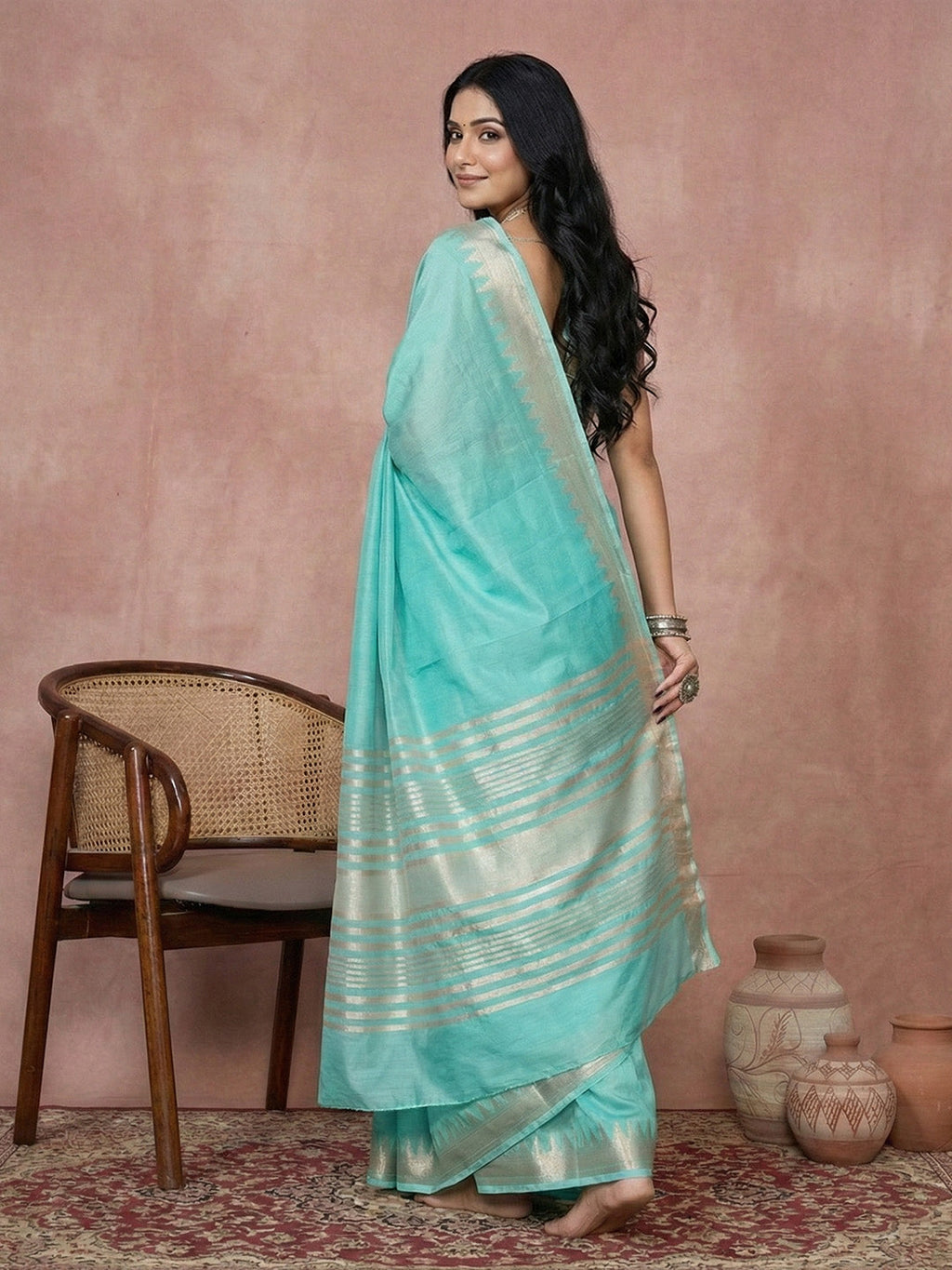 Anaita Blue Cotton Saree With Blouse - Distacart