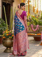 Anaita Blue Silk Blend Woven Saree With Blouse - Distacart