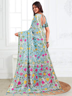 Anaita Blue Linen Printed Saree With Blouse - Distacart