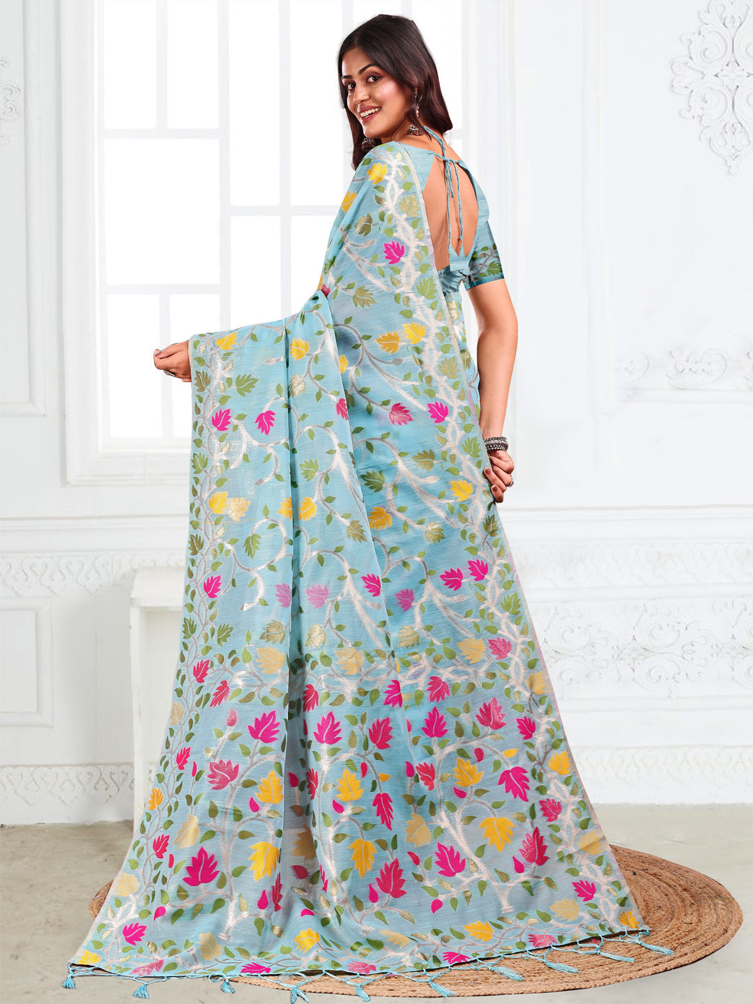 Anaita Blue Linen Printed Saree With Blouse - Distacart