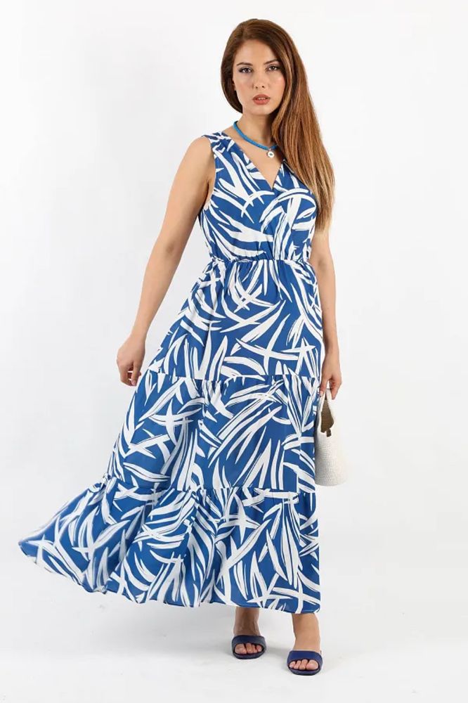 Pimu Viscose Patterned Summer Dress - Elastic Waist, V-Neck - Blue