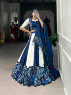 Lorenvalley Blue Pure Rayon with Plain And Printed With Paper Mirror Work Lace And Gota Patti Touch Up Lehenga Choli