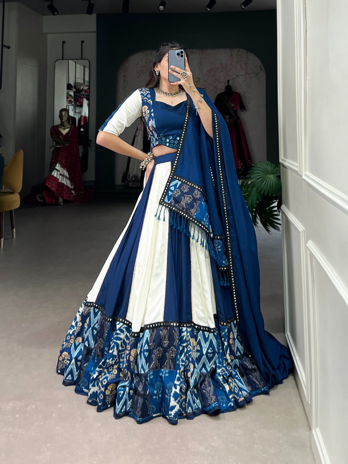 Lorenvalley Blue Pure Rayon with Plain And Printed With Paper Mirror Work Lace And Gota Patti Touch Up Lehenga Choli