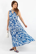 Pimu Viscose Patterned Summer Dress - Elastic Waist, V-Neck - Blue