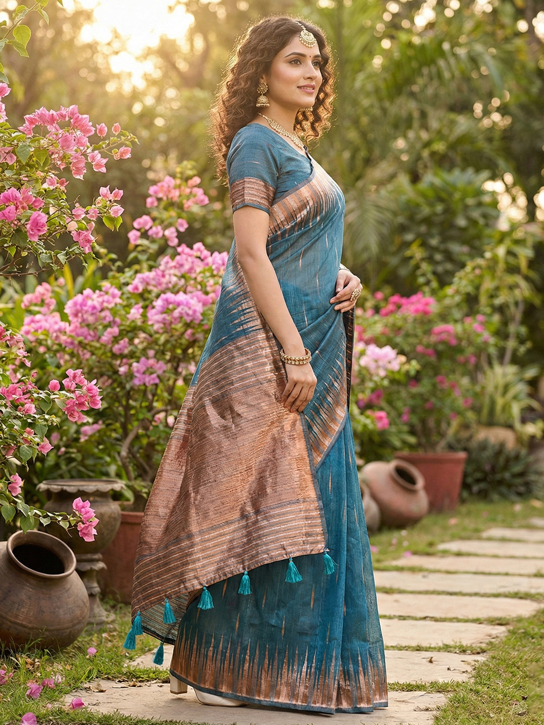 Anaita Blue Linen Woven Work Saree With Blouse - Distacart