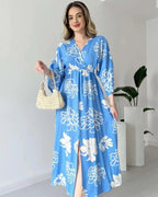 Pimu Front Slit Midi Dresses V-neck Designs For Women Party Wear - Blue