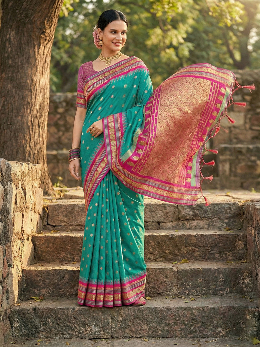 Anaita Blue Silk Woven Saree With Blouse - Distacart