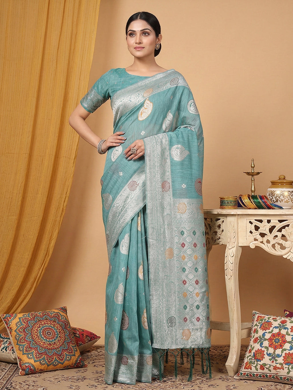 Anaita Blue Linen Woven Work Saree With Blouse - Distacart