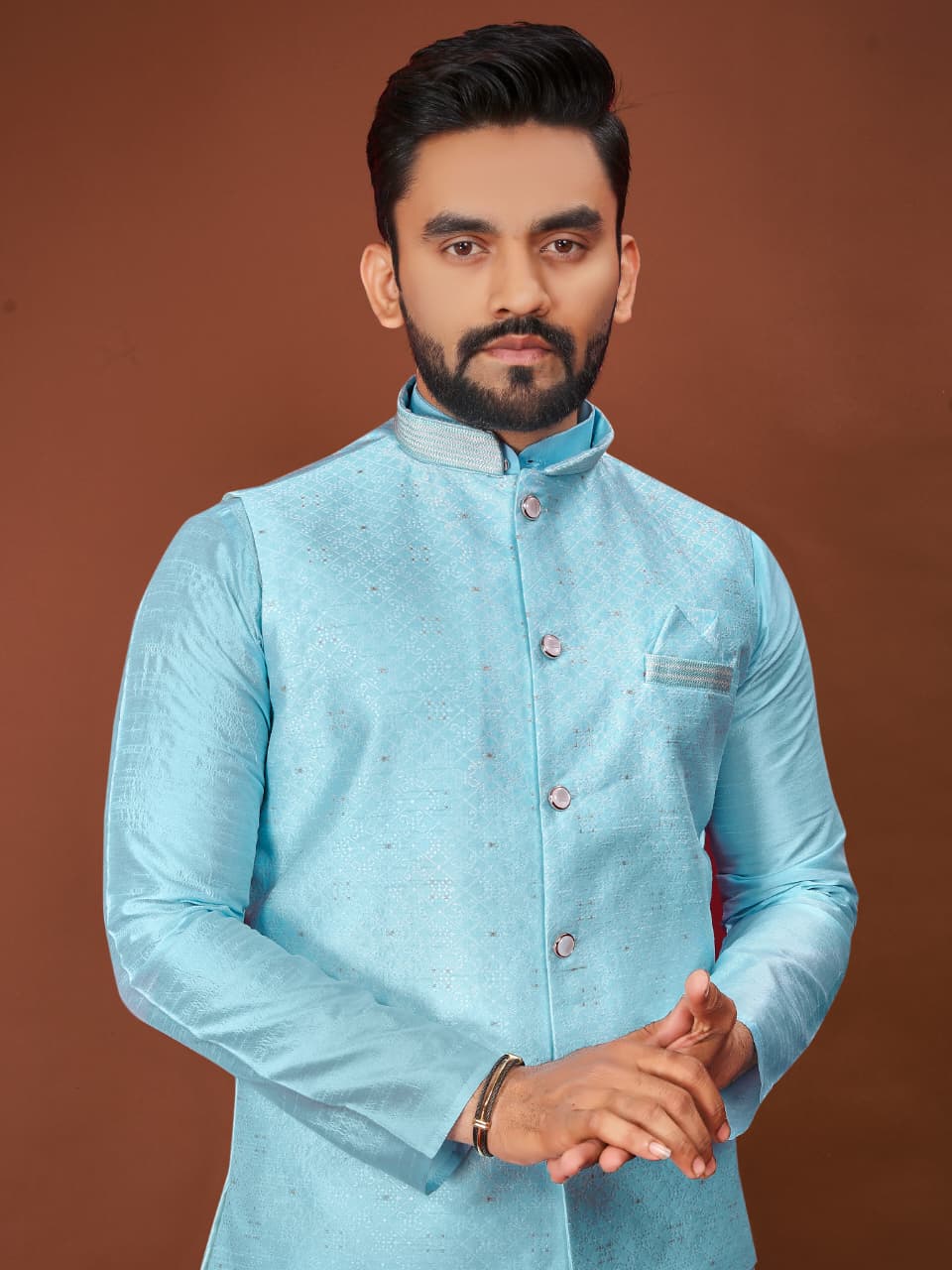 Anaita Blue Jacquard Silk Straight Kurta With Koti & Pajama