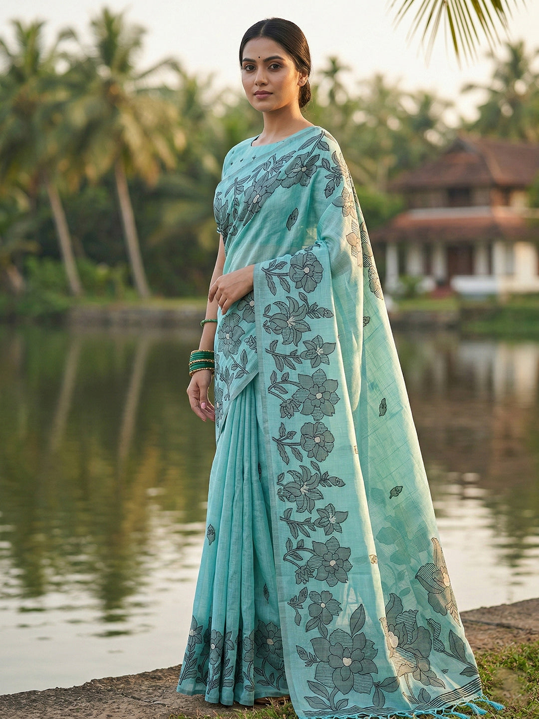 Anaita Blue Linen Printed Saree With Blouse - Distacart