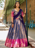 Lorenvalley Blue Kanjivaram Silk Zari Weaving Lehenga Choli with Dupatta