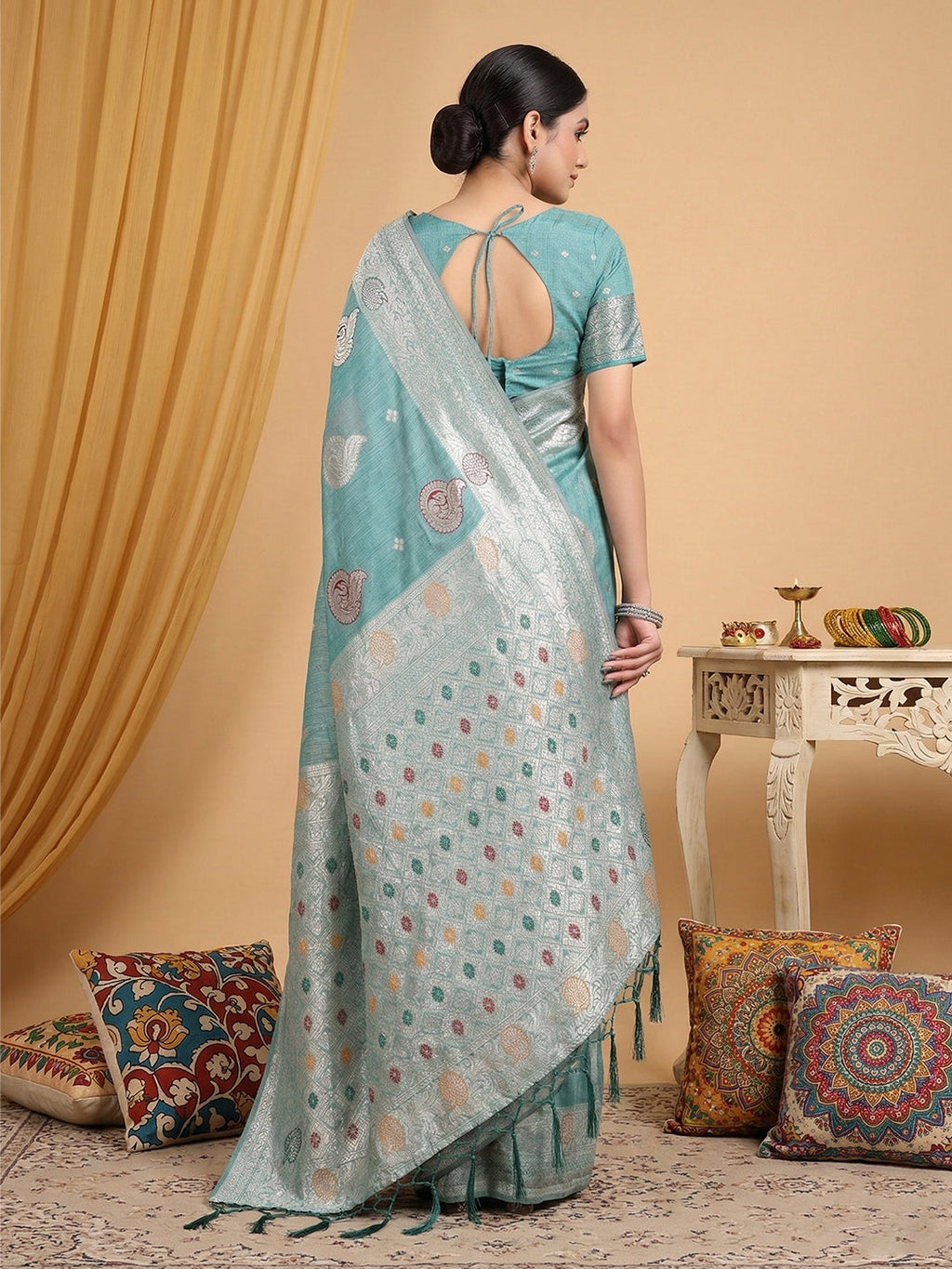 Anaita Blue Linen Woven Work Saree With Blouse - Distacart