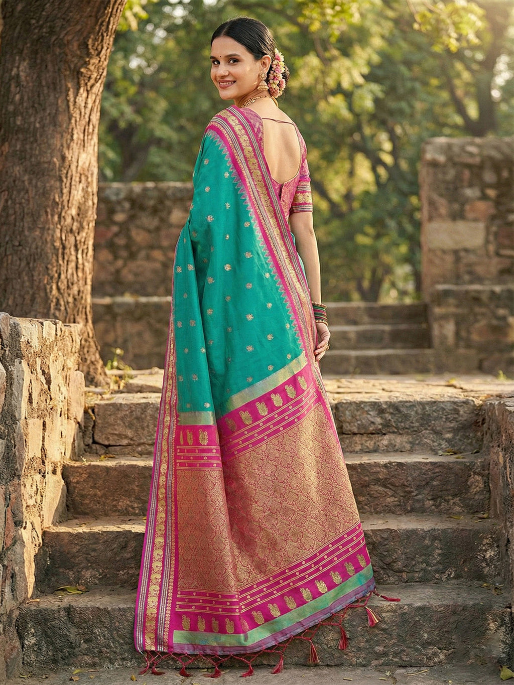 Anaita Blue Silk Woven Saree With Blouse - Distacart