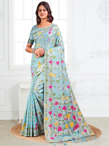 Anaita Blue Linen Printed Saree With Blouse