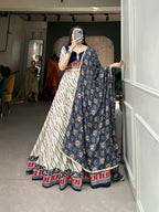 Lorenvalley White And Blue Pure Cotton Leheriya With Patola Print Lehenga Choli With Dupatta
